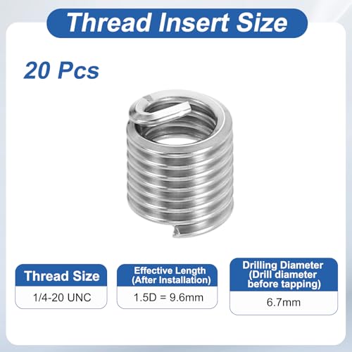 PATIKIL Wire Thread Inserts 1/4-20 UNC 1.5D 9.6mm, 20Pcs 304 Stainless Steel Helical Coiled Wire Screw Threaded Sleeve Sheath for Mechanical Equipment Automotive Repairs - size: 1/4-20 UNC, 9.6mm