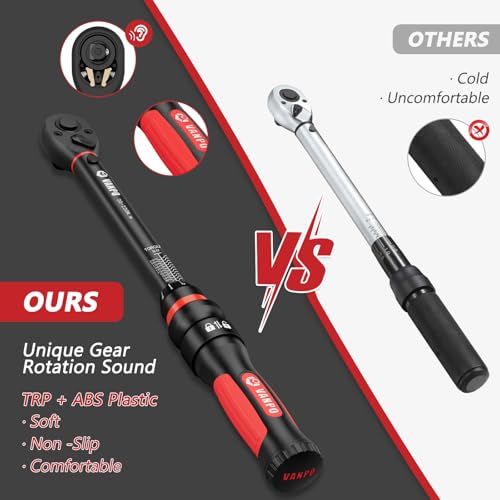 VANPO Torque Wrench 3/8-Inch Drive, 10-100 ft-lb, for Motorcycle | ±3% Precision, Calibration, Click Style, TPR+ABS Handle, Dual Direction, Dual Direction, for Spark plugs, Brake & Lug nuts - size: 10-100 ft-lb