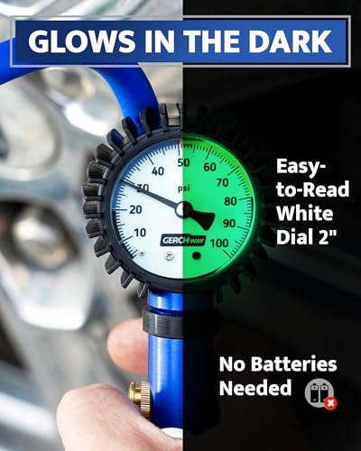 GERCHWAY Tire Inflator with Pressure Gauge and Longer Hose - Most Accurate, Heavy Duty Air Chuck with Gauge for Air Compressor Tire Inflator Attachment - 100PSI