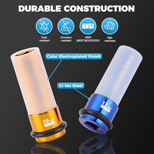 7PCS 1/2" Drive Deep Lug Nut Impact Socket Set, Non-Marring Thin Wall Wheel Protector Socket，CR-MO, 6 Point, Metric 17, 19, 21, 22, 23, 24, 27, Color Coded
