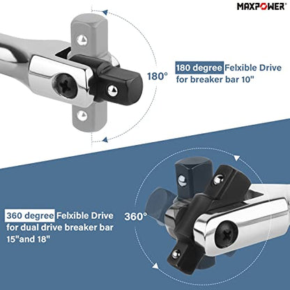 MAXPOWER 3-pieces Breaker Bar Set 10" 15" 18" | Dual Drive 1/2" and 3/8" Breaker Bars, Flexible Flex Handle Phosphate Head - size: Set: 10 inch, 15 inch, 18 inch
