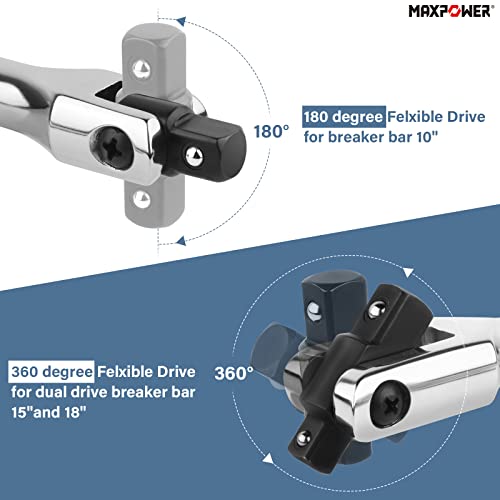 MAXPOWER 3-pieces Breaker Bar Set 10" 15" 18" | Dual Drive 1/2" and 3/8" Breaker Bars, Flexible Flex Handle Phosphate Head - size: Set: 10 inch, 15 inch, 18 inch