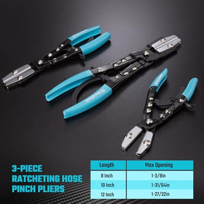 DURATECH Ratcheting Hose Pinch off Pliers, 3-Piece Set, 8", 10", 12" | Locking Design, For Coolant, Fuel Lines, Radiator, No-Spill, Leak-Proof Design, With Storage Bag