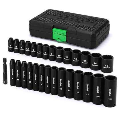 TecoTek 29 Pieces 1/4-Inch Drive Shallow and Deep 12-Point Impact Socket Set, CR-V, 4-15mm Metric, 1/4"-1/4" Drill Adapter - size: 4 - 15 mm (29 PCS)
