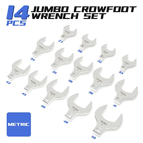 BULLTOOLS 1/2" Drive Jumbo Crowfoot Wrench Set,14-Piece Metric Crows Foot Wrench Set 27 to 50mm Chrome Vanadium Steel Big Crowfoot Wrench - color: Metric 27mm to 50mm