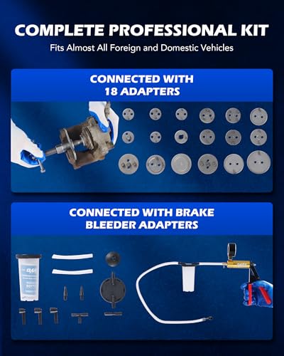 Orion Motor Tech 2 in 1 Brake Caliper Compression Tool & Brake Bleeder Kit, Handheld Vacuum Pump Brake Bleeder Tool Set, Disc Brake Pad Service Tool with Thrust Bolt Retaining Plates & 18 Adapters