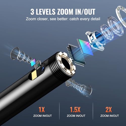 VEVOR Endoscope Camera with Light, Triple Lens Borescope with 49.2FT Semi-Rigid Cable, 5" Screen 1080P Inspection Camera, 8 + 2 LED Lights, IP67 Waterproof Snake Cameras for Auto, Plumbing (32GB Card) - size: 5" IPS Screen-49.2FT