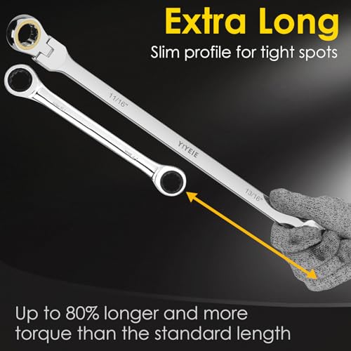 Extra Long Flex-Head Ratcheting Wrench Set, SAE 1/4" to 13/16", 5 Pcs Double Box End Long Handle Ratchet Wrenches, 72-Teeth, CR-V Labor-Saving Aviation Spanner with Pouch, Extra Torque for Tight Bolts - size: Extra Long Set SAE