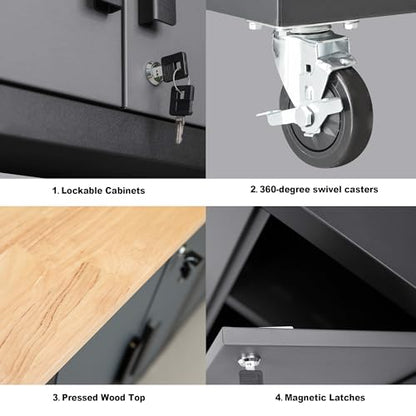Torin Garage Storage Cabinets System, 9 Piece Workshop Cabinet Set in Black | Included Steel Drawers Rolling Chest,Locked Storage Cabinet, Perfect for Organizing Garage and Tools, 129.92", Black/Grey
