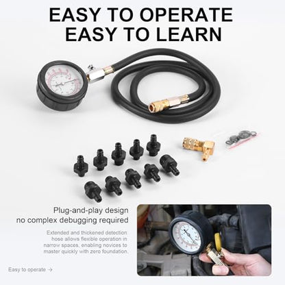 Oil Pressure Tester Kit, 0–140 PSI Engine Oil Pressure Gauge with Hose & Brass Adapters, Automotive Diagnostic Tool for Cars, Motorcycles, Small Diesel Engines, with Storage Case (red)