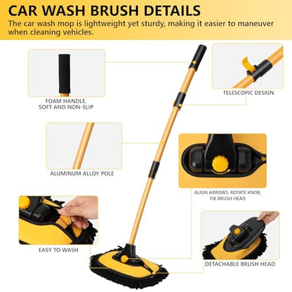 Car Wash Brush with Long Handle, 15°Curved Car Cleaning Brush with Replaceable Head Cover, Truck Washing Brushwith Telescopic Handle Wash Mop Kit 5PCS - color: Yellow