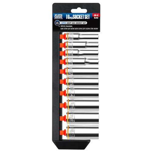 10PCS 1/2” Drive Deep Socket Set, SAE (3/8"-15/16"), 6-Point, Cr-V Steel, Chrome Plated Socket With Hanging Bracket, Cover Most Commonly Sizes - size: 1/2"SAE (3/8"-15/16")