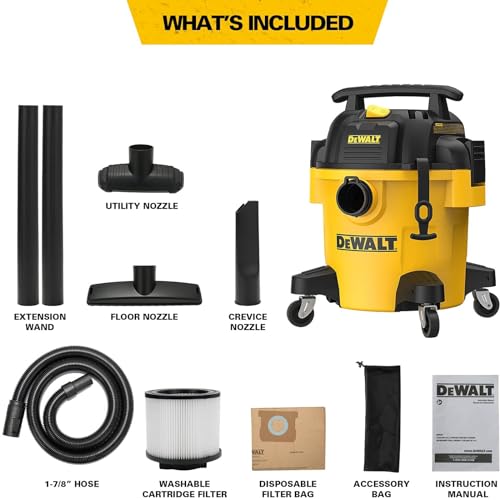 DEWALT DXV05P 5 Gallon Poly Wet/Dry Vac, 4 Peak HP Shop Vacuums with Attachments, Powerful Suction, 1-7/8" Hose, DXV05P, Yellow - size: 5 Gallon