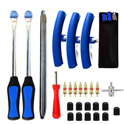 27-Piece Tire Change Tool Kit for Motorcycle, ATV, Lawn Tractor, Bicycle, Scooter, Car - Blue with Tire Spoons, Rim Protector, Valve Tools & Storage Bag