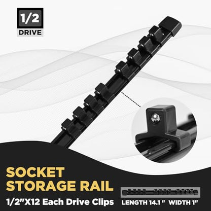 1/2-Inch Drive Heavy Duty Socket Holder Kit ABS, Socket Rail 1/2-Inch x 12 Clips Black, 3 Pieces - color: Black, size: 3PC 1/2x3