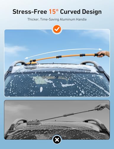 AstroAI 15°Curved Car Wash Brush with 43" Long Handle and 90° Rotating Replaceable Brush Head, Car Wash Kit with Microfiber Towel and Tire Brush for Car, SUV, RV, Floor Cleaning, Yellow