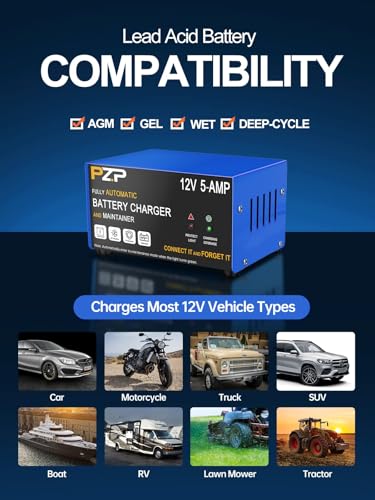 Automatic Car Battery Charger–12V 0-5A Adjustable Smart Trickle Charger with Battery Repair,Automatic Desulfation,Temperature Compensation Functions,Suitable for AGM,Gel,Deep Cycle,Lead-Acid Batteries