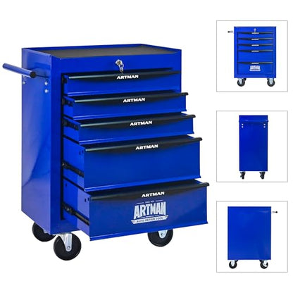 RYH 5 Drawers Rolling Tool Chest - 13" D x 20.9" W x 30.5" H Heavy Duty Mobile Tool Cart with Locking Wheels & Ball Bearing Drawers, Garage Tool Storage Cabinet (Blue, 5 Drawers) - color: Blue-black, size: 5 Drawers（30"H × 20"W × 13"D)