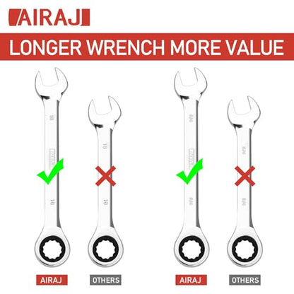 AIRAJ Combination Wrench Set,22-Piece Ratcheting Wrench Set,Long Open End,72-Tooth Ratchet Drive,CR-V Steel,Organizer With Tool Roll Bag,1/4"-3/4" & 6-18mm,SAE & Metric