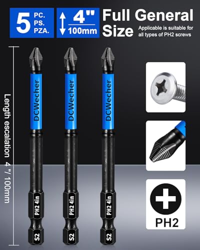 4-Inch Long Phillips Head Drill & Screwdriver Bits 5-Pack, 2 Phillips Bits #2 Impact Magnetic, S2 Alloy Steel, CNC Anti-Slip, 1/4" Hex Shank, Ph2 for Impact Driver, by DCWecher - size: 4 inch 5-pcs PH2