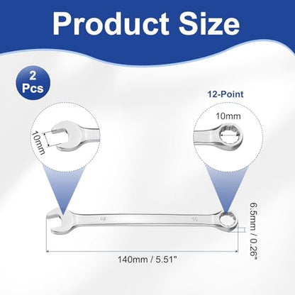 HARFINGTON 2Pcs Combination Wrench 10mm Metric 12-Point Box and Open End 45# Carbon Steel Double Ended Spanner Tool for Automotive Pipe Furniture Machinery DIY Repair, Silver White - size: 10mm