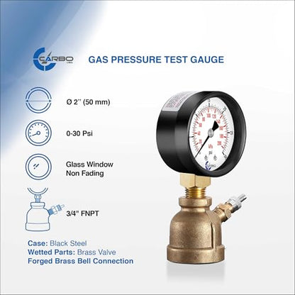 Gas Test Pressure Gauge 30 Pound, 30 PSI / 200 kPa, 3/4” FNPT Connection, Brass Valve, Forged Brass Bell Shape Body Assembly. - size: 3/4" FNPT 0-30 psi, style: Brass