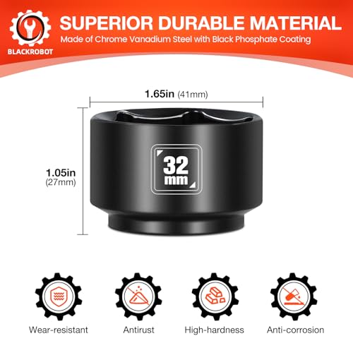 BLACKROBOT 32mm Low Profile Oil Filter Socket, 3/8" Drive 6-Point Oil Filter Cap Remover and Installer Tool, Chrome Vanadium Steel - size: 32mm