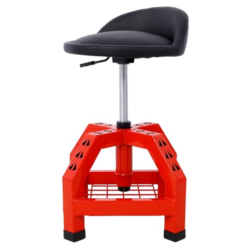 Rolling Shop Stool with Wheels, Garage Rolling Work Stools Swivel Shop Seat, Height Adjustable Auto Mechanic Stool Pneumatic Mechanic Chair with Tool Tray Storage, 300 Lbs Capacity (Red) - color: Red