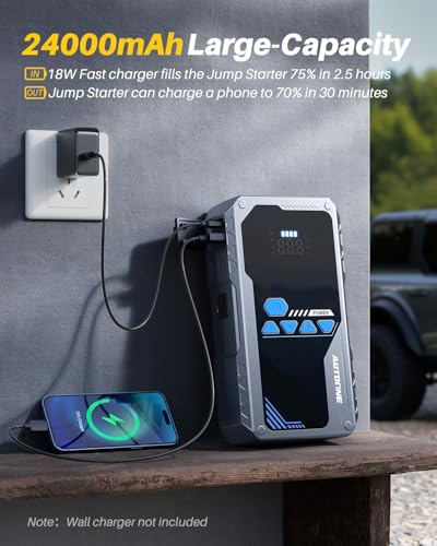 AUTOONE JWA2 Jump Starter with Air Compressor (All Gas/12L Diesel), 150PSI Car Jumper Starter Portable, Jump Box Tire Inflator with LED Flashlight, LCD Display, Storage Case - size: 8000A with Inflator