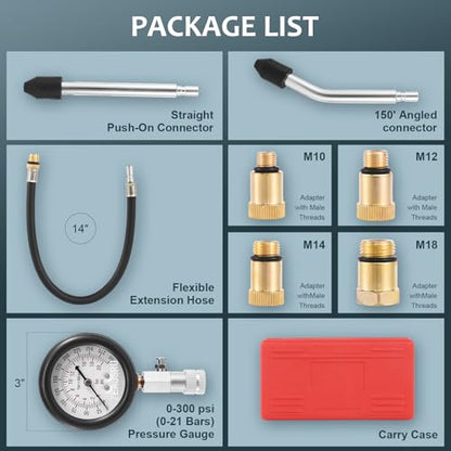 Engine Compression Tester Kit 8PCS, 0-300 PSI Cylinder Pressure Test Tool for Gasoline Engines on Cars, Motorcycles, ATVs & Small Engines with Dual Scale Gauge and Adapters (Red-8PC)