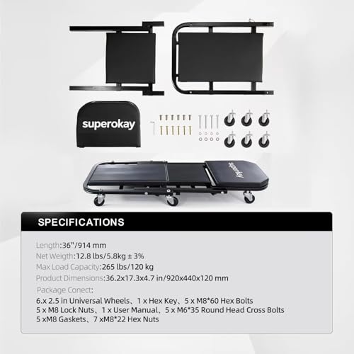 superokay 2-in-1 Folding Creeper Seat, 36-Inch, 300LBS Capacity | Steel frame, 2-in-1 creeper/seat, 360° casters, padded cushion, tool tray, foldable, garage repair - size: 36 inch