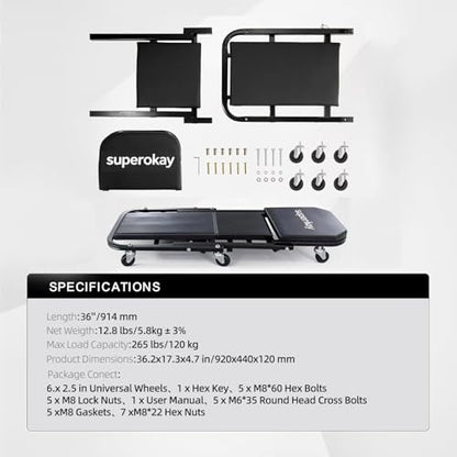 superokay 2-in-1 Folding Creeper Seat, 36-Inch, 300LBS Capacity | Steel frame, 2-in-1 creeper/seat, 360° casters, padded cushion, tool tray, foldable, garage repair - size: 36 inch