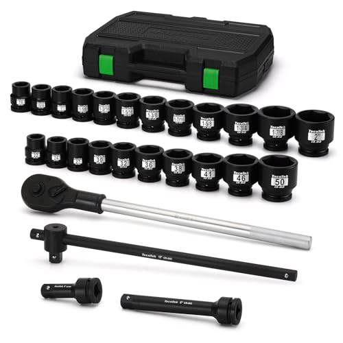 TecoTek 3/4" Drive Shallow 6-Point Impact Socket Set, 27-Piece Jumbo Assortment, CR-MO, SAE (7/8-Inch to 2-Inch) and Metric (22mm to 50mm), Ratchet Handle with Extensions