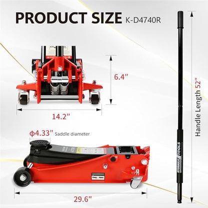 4T Low Profile Steel Floor Jack, 8000 lb, Dual Pump, 4"-21" Lift, Red | Heavy-duty steel, dual-piston quick lift, low profile, 4"-21" range, overload safety protection. - size: 4T Dual Pump 4"-21"(Red)