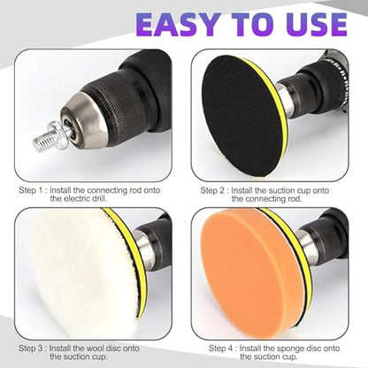 11Pcs 3 Inch Car Foam Drill Polishing Pad Kit, 5 Color Graded Sponge Buffing Pads + Wool Buff Pad, Hook & Loop Backing Plate with M10 Drill Adapter for Auto Detailing, Polishing, Waxing, Sealing Glaze