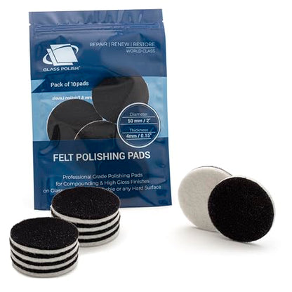 GLASS POLISH PRO Rayon Felt Polishing Pads 2” (50mm) - Pack of 10 | For Cerium Oxide Glass Polishing, Scratch Removal, Plastic & Headlight Restoration, Metal Polishing & Clear Coat Finishing - style: 2" (10 Pads)