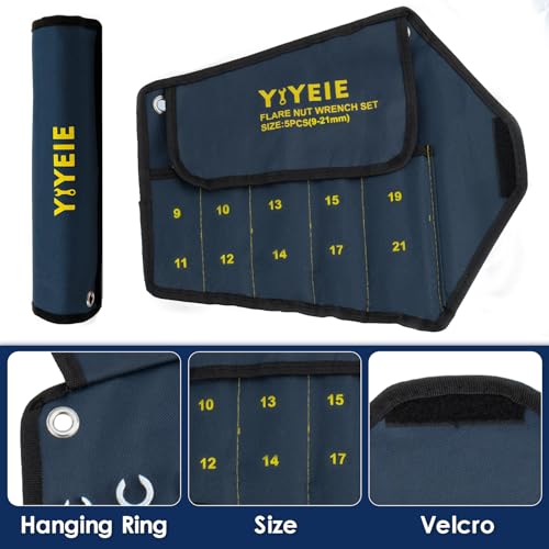 YIYEIE Flare Nut Wrench Set, Metric 5-Piece, Brake Line Wrench Set 9, 10, 11, 12, 13, 14, 15, 17, 19, 21 mm, CR-V Steel, with Roll-up Pouch - color: Metric 5pcs, size: 12-Point