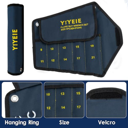 YIYEIE Flare Nut Wrench Set, Metric 5-Piece, Brake Line Wrench Set 9, 10, 11, 12, 13, 14, 15, 17, 19, 21 mm, CR-V Steel, with Roll-up Pouch - color: Metric 5pcs, size: 12-Point