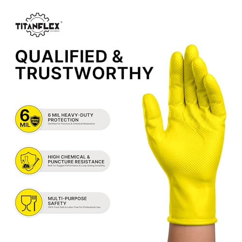 TitanFlex Heavy Duty Industrial Nitrile Gloves with Raised Diamond Texture, 6-mil, Latex Free (Dark Green/Yellow) - color: 05 Yellow (100ct), size: Large