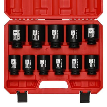 CASOMAN 11PCS 1/2-Inch Drive Large Impact Socket Set, 6 Point, 1-3/8-Inch to 2-Inch, SAE Spindle Axle Nut Impact Socket Set, CR-MO - size: 1/2" Dr. 11pcs (1-3/8" - 2")