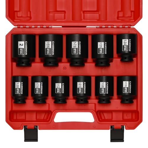 CASOMAN 11PCS 1/2-Inch Drive Large Impact Socket Set, 6 Point, 1-3/8-Inch to 2-Inch, SAE Spindle Axle Nut Impact Socket Set, CR-MO - size: 1/2" Dr. 11pcs (1-3/8" - 2")