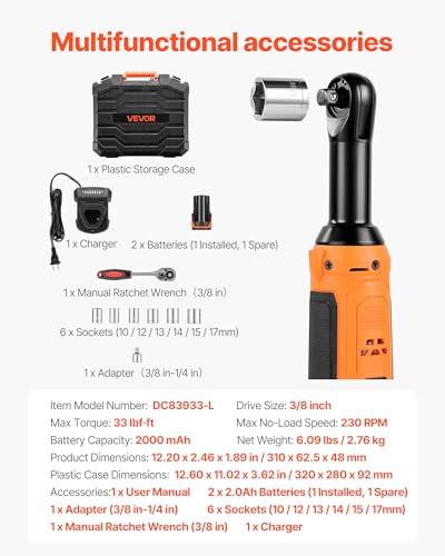 VEVOR Cordless Ratchet Wrench, 3/8 inch Drive, 230 RPM, up to 33 ft-lbs of Torque, Battery Powered Electric Ratchet Wrench Set with Two 2.0Ah Batteries, Charger, Sockets, Adaptor and Carrying Case
