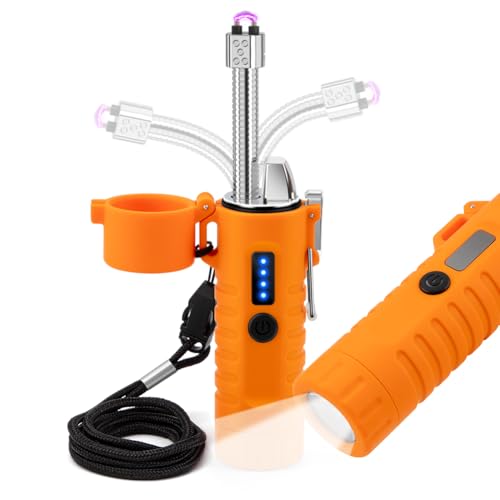 LcFun Electric Lighters Rechargeable Lighters Flexible Neck Dual Arc Electronic Lighter USB C Lighter with LED Battery Indicator and Flashlight for Candle, Camping, Hiking, Outdoor Adventure - color: Orange Pro