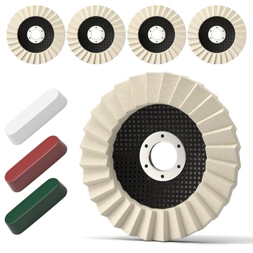 BURMONG 8 Pcs Wool Polishing Wheel & Compound Kit – 5 Buffing Wheels (4-1/2" x 7/8") + 3 Polishing Compounds–Felt Flap Disc for Angle Grinder – Multi-Surface Buffing for Metal, Wood & Automotive