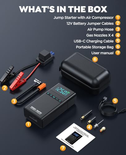Car Battery Jump Starter with Air Compressor 6000A 160PSI, Car Jumper Starter Portable (All Gas/12L Diesel), 12V Jump Box Car Battery with Auto-Shutoff Tire Inflator, Jumper Cables and Light - color: Glossy Black