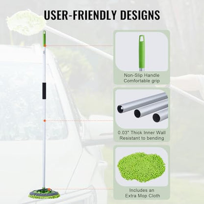 VEVOR Car Wash Brush, 62-Inch Extendable Car Washing Brush with Long Handle, Soft Chenille Fiber Car Wash Mop Mitt, 180° Rotatable Car Cleaning Brush with 1 Replacement Mop for Car, RV, Window, Floor - style: Soft Chenille Fiber head
