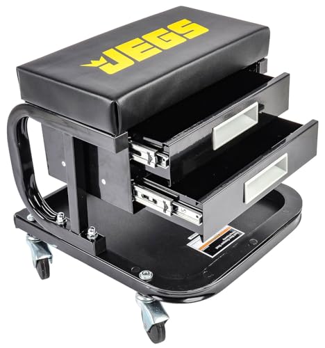 JEGS Mechanic Seat With Drawers and Tool Tray | 300 LBS Capacity | Black Finish with JEGS Logo | Padded Seat | 4 Caster Wheels
