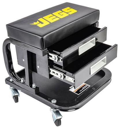 JEGS Mechanic Seat With Drawers and Tool Tray | 300 LBS Capacity | Black Finish with JEGS Logo | Padded Seat | 4 Caster Wheels