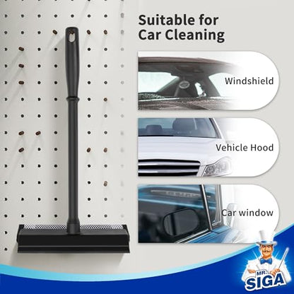 MR.SIGA Professional 2-in-1 Car Window Squeegee and Sponge Scrubber for Cleaning and Washing, Rubber Blade Cleaner With Handle, Black