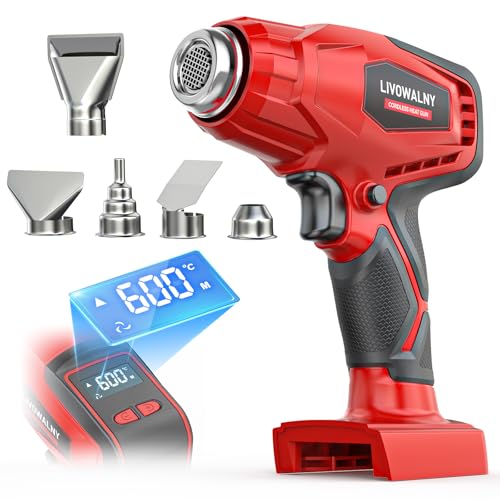 LIVOWALNY Cordless Heat Gun Compatible with Milwaukee 18V Battery (Tool Only) 260W High Power Hot Air Gun (68°F-1112°F) & Airflow Control Digital Display for Shrink Wrapping Crafting - color: Red - Ml, size: HeatPro LCD 600